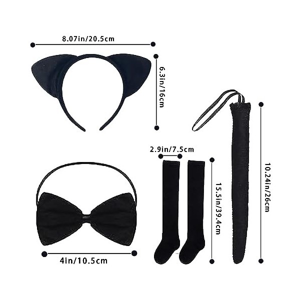 Déguisement Chat Enfant, 5 Pcs Costumes de Chat Noir Set Avec Oreilles de Chat, Queue de Chat, Noeud Papillon, Chaussettes Mo