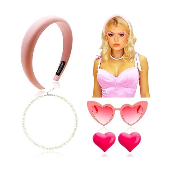 JeVenis robe rose bandeau rose chaud lunettes de soleil coeur collier perle rose chaud tenue fille accessoires poupée costume