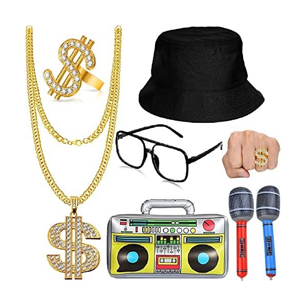 DONGZQAN Kit de Costume de Hip Hop Homme, Deguisement Annee 80 Homme, Accessoires de Rappeur, y Compris Les Colliers, Les Bag