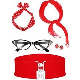 Zhanmai Accessoires de Costume des Années 50 Écharpe Bandeau à Pois Boucles dOreilles Lunettes dŒil de Chat Ceinture Rouge