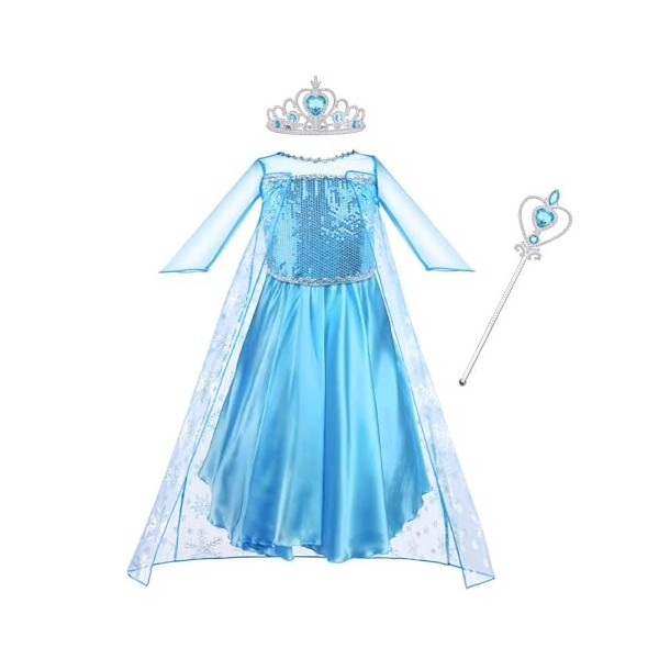 Vicloon Deguisement Reine des Neiges, 3pcs Elsa Princesse Robe avec Baguette Magique Couronne Princesse Accessoires pour Carn