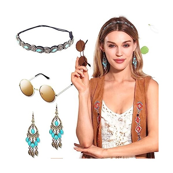 JeVenis accessoires hippie turquoise pour femmes collier signe de paix bandeau boho retro daisy accessoires hippie 70s lunett