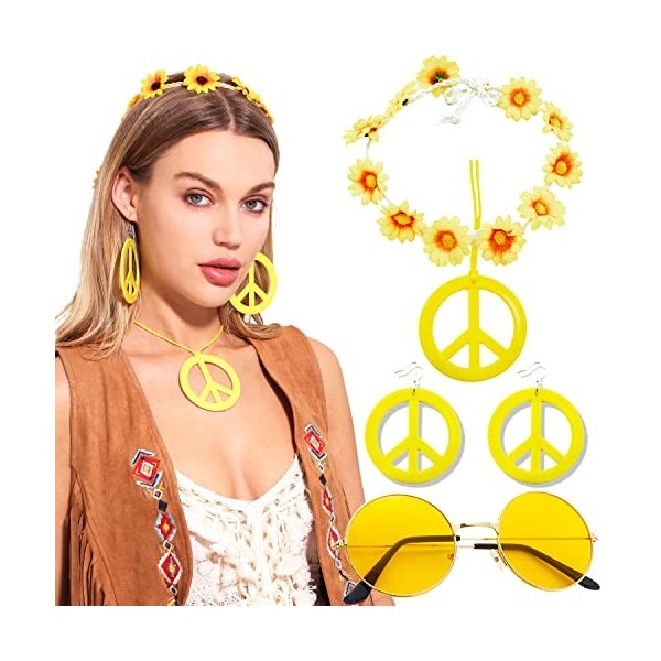 JeVenis accessoires hippie turquoise pour femmes collier signe de paix bandeau boho retro daisy accessoires hippie 70s lunett