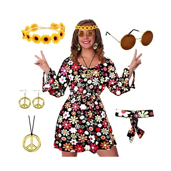 Xtaguvdm Déguisements Hippie Femme, Costume Hippie Chic Femme Année 70, Robe Hippie pour Femme, Annee 70 Année 60 Tenue Disco