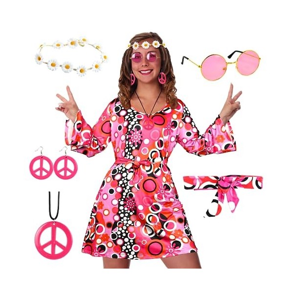 Xtaguvdm Déguisements Hippie Femme, Costume Hippie Chic Femme Année 70, Robe Hippie pour Femme, Annee 70 Année 60 Tenue Disco