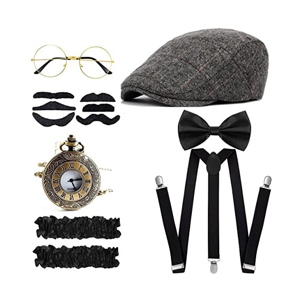 E EBETA Années 1920 Hommes Déguisements Accessoires, Flapper Gatsby Costume Année 20 avec Chapeau Bretelles à Dos en Y Faux C