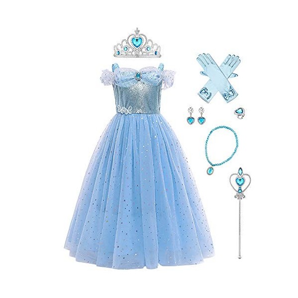 IWEMEK Filles Déguisement Cendrillon Robe de Princesse Sans manches + Accessoires Conte De Fées Cosplay Halloween Carnaval Co