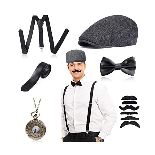 YADODO Costume Homme Année 20 Gatsby Homme Accessoire Kit 14PCS Accessoire  Annee 20 Homme Fausse Moustache Homme, Chapeau, Montre, Bretelles
