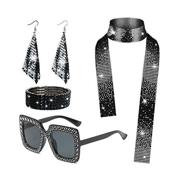 Alviller Lot de 5 accessoires disco des années 70, ensemble de costume disco avec paillettes, écharpe, kit de déguisement pou