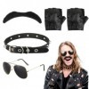 3 Pack Accessoires de Costume Biker Hommes, Chapeau Biker Noire avec Chaîne Lunettes de Soleil et Fausse Moustache, Costume B