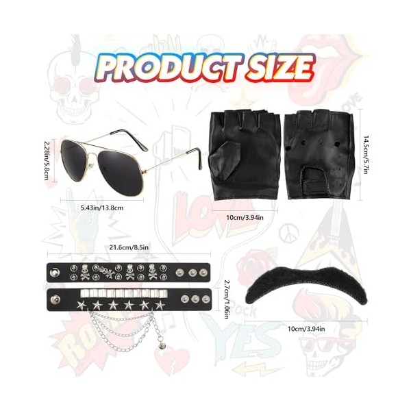 3 Pack Accessoires de Costume Biker Hommes, Chapeau Biker Noire avec Chaîne Lunettes de Soleil et Fausse Moustache, Costume B
