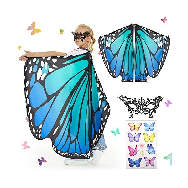 Herenear Papillon Enfant Ailes, Cape Papillon Déguisement, Costume Butterfly Wings avec Avec Masque Papillon, Deguisement Fêt