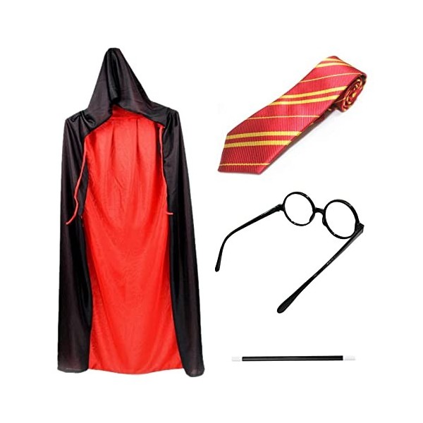 MIVAIUN 4 Pièces Adulte Enfant Habillage de Sorcier Costume de Magicien Robe de Magicien avec Cape Lunettes Cravate Baguette 