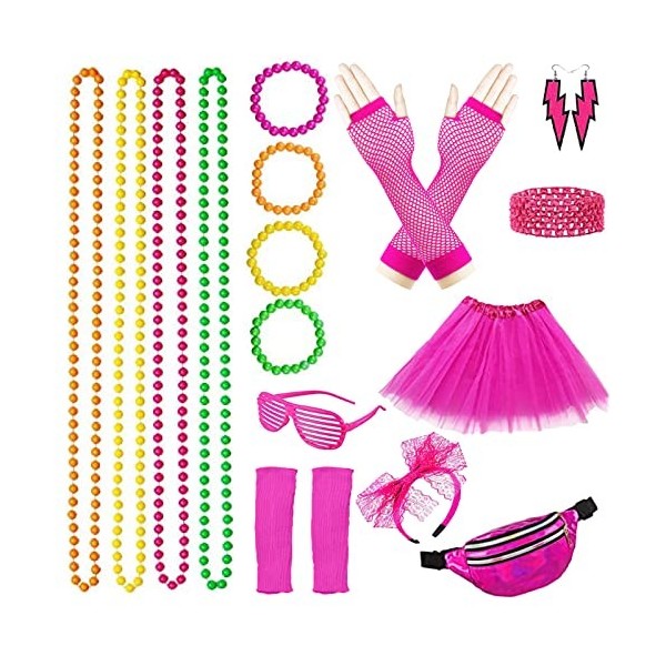 Deguisement Annee 80 Femme Accessoire Fluo Tutu Sac Banane Lunettes Bandeau Noeud Colliers Bracelets Gants Boucles Doreilles