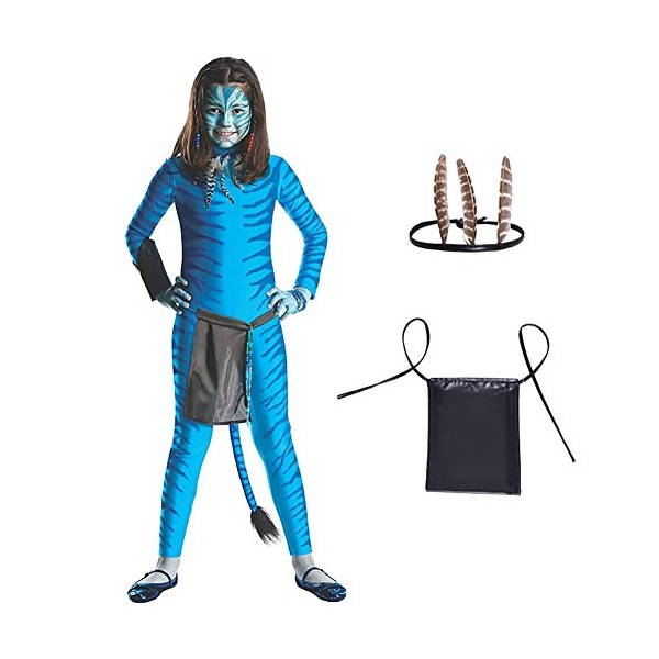 Amycute Costume Avatar Halloween Fille Enfants Garçon Déguisement Combinaison + Bandeau + Sac, Costume Alien Maquillage Carna