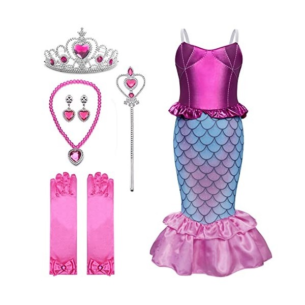 Déguisement Filles La Petite Sirène Robe Rose Princesse Ariel Costume Les  Enfants Déguisement de Sirène Queue de Poisson Soirée Long