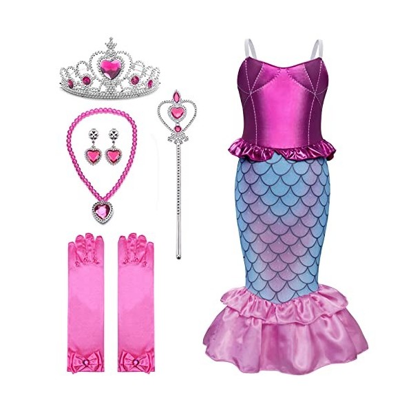 HIFOT Robe Princesse Fille Deguisement Sirene avec Accessoires,Deguisement Fille Princesse Costume Anniversaire Fête Noël Car