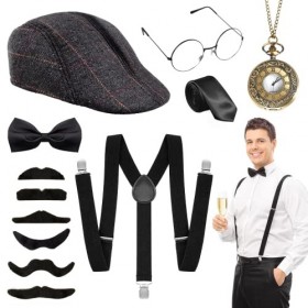 Niaetuto 12PCS Costume Homme Année 20,Deguisement Annee 20 Homme,Gatsby Costume Homme,Années 1920 Hommes Déguisements Accesso