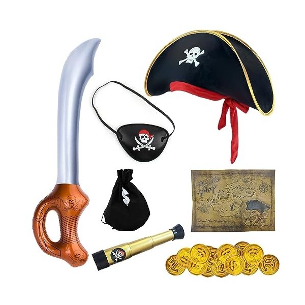 Ruikdly Deguisement Pirate Enfant Costume Capitaine Pirate avec Cache-œil de Pirate, Chapeau Pirate, Une Carte au trésor, Sab