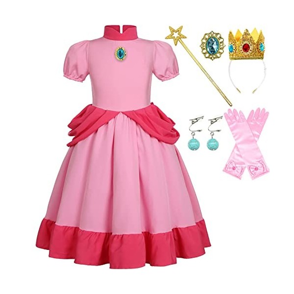 Coseaon Peach Princesse Déguisement pour Enfant Filles Peach Cosplay Costume Set Princesse Peach Robe Rose avec Gants Couronn