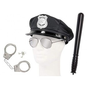 Déguisement policier | Casquette Police Américaine + Lunettes de soleil pilote + Menottes + Matraque | KV-123 | déguisement s