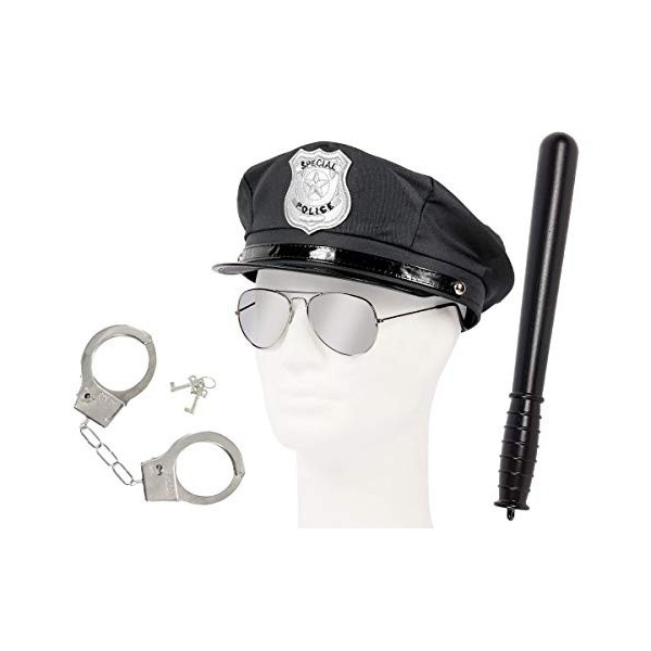 Déguisement policier | Casquette Police Américaine + Lunettes de soleil pilote + Menottes + Matraque | KV-123 | déguisement s