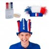 Pack Supporter France - Coiffe Chevelue France, Chapeau France à Clochettes, Stick Maquillage à Bandes Bleu Blanc Rouge - Kit