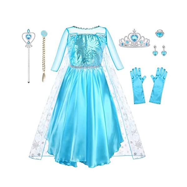 URAQT Elsa Dress Costume de Princesse, Elsa Anna Dress Up pour Les Filles, avec Accessoires Gants Couronne Baguette Tresse Ro
