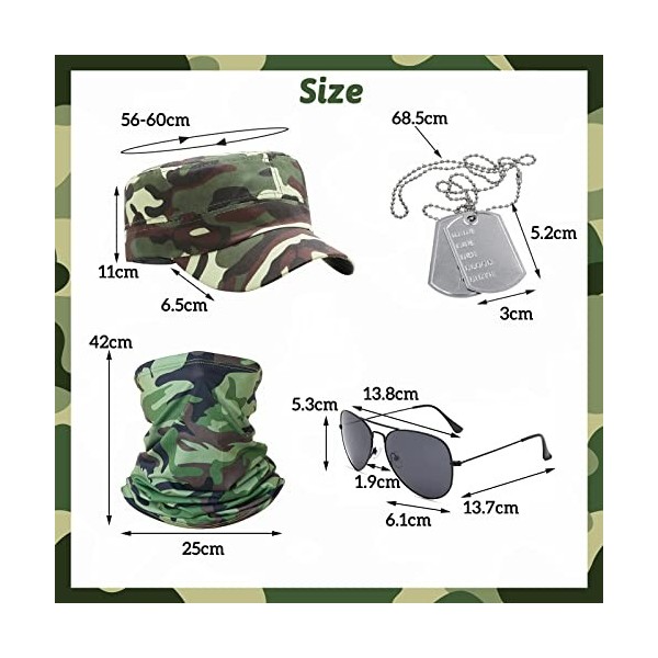 Beamely Lot de 4 déguisements de camouflage militaire, accessoires de costume de cosplay avec chapeau camouflage, cache-cou, 