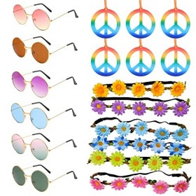 Lot de 18 accessoires de déguisement hippie pour, lunettes de soleil rondes rétro, colliers de signe de paix et bandeaux de t