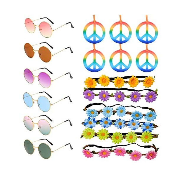 Lot de 18 accessoires de déguisement hippie pour, lunettes de soleil rondes rétro, colliers de signe de paix et bandeaux de t