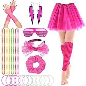 VEGCOO Déguisement Année 80 Accessoire Rose Femme, Tutu Fluo, Lunettes, Bandeau Noeud,Colliers,Bracelets, Gants, Boucles dor