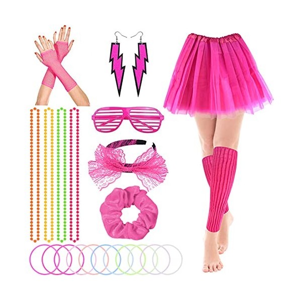 VEGCOO Déguisement Année 80 Accessoire Rose Femme, Tutu Fluo, Lunettes, Bandeau Noeud,Colliers,Bracelets, Gants, Boucles dor