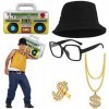 BIQIQI Kit de Costume de Hip Hop Homme Années 90 Années 80 Accessoires de Rappeur Chapeau de Seau Or Signe de Dollar Collier 