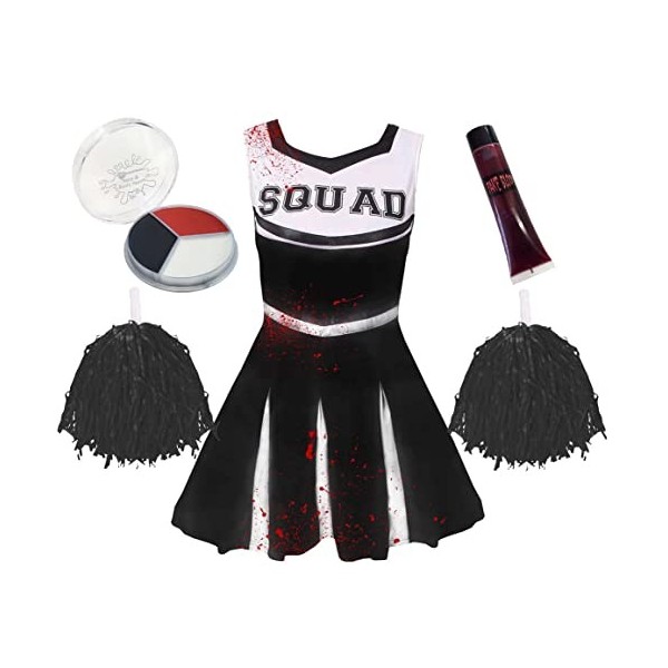 Déguisement et accessoires de pom-pom girl zombie dHalloween pour filles - Tenue de joie rouge pour enfants comprenant : une