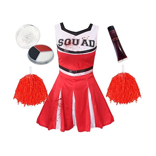 Déguisement et accessoires de pom-pom girl zombie dHalloween pour filles - Tenue de joie rouge pour enfants comprenant : une