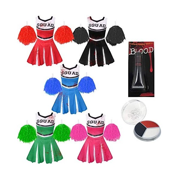 Déguisement et accessoires de pom-pom girl zombie dHalloween pour filles - Tenue de joie rouge pour enfants comprenant : une