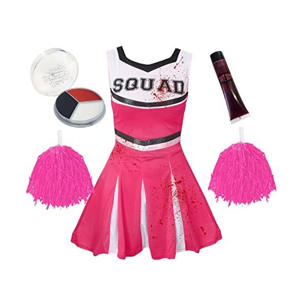 Déguisement et accessoires de pom-pom girl zombie dHalloween pour filles - Tenue de joie rouge pour enfants comprenant : une