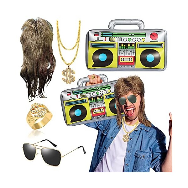 BIQIQI Perruque Vokuhila Kit de Costume Hip Hop/Costume Rocker avec Perruques Mulet, Lunettes de Pilote, Gonflable de Boom, C