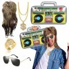 BIQIQI Perruque Vokuhila Kit de Costume Hip Hop/Costume Rocker avec Perruques Mulet, Lunettes de Pilote, Gonflable de Boom, C