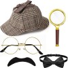 BBTO Set de 6 Accessoires de Costume de Détective, Chapeau de Détective Loupe Nœud Papillon Fausse Moustache Lunettes sans Ve