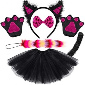 Déguisement Animaux Enfant Tutu Jupe avec Serre Tête Oreille Chat Queue Gants Pattes Noeud Papillon Carnaval Cosplay Deguisem