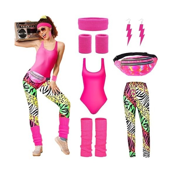 HIQE-FL Vetement Tenue Fête Néon Fluo,Sac Banane,Bracelets Neon, Deguisement Annee 80 Femme Accessoire Fluo,Costume des Année