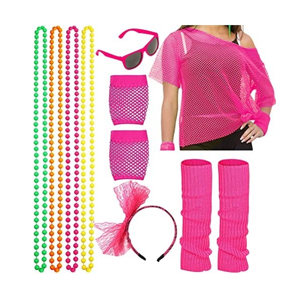 HIQE-FL Vetement Tenue Fête Néon Fluo,Sac Banane,Bracelets Neon, Deguisement Annee 80 Femme Accessoire Fluo,Costume des Année