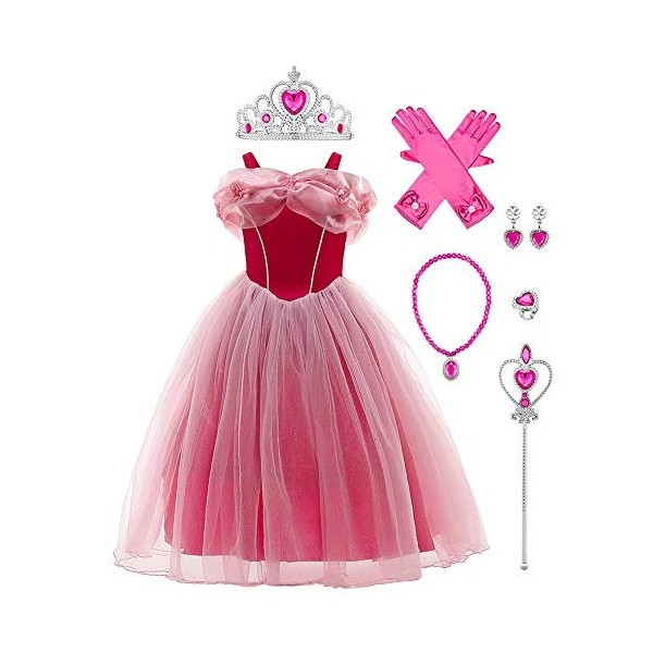 IWEMEK Filles Aurore Costume Princesse Robe Longue en tulle + Accessoires Ensemble La belle au bois dormant Cosplay Halloween