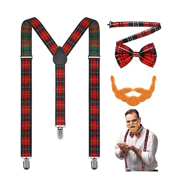 Hestya 3 Pcs Set de Tartan Nuit de Robert Burns Inclure Costume de Fausse Barbe Fausse Moustache Marron Nœud Papillon Déguise