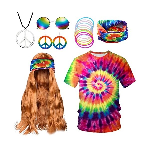 Partymall Ensemble de costume hippie,T-shirt,Perruque,Accessoires,Collier et boucles doreilles,Bracelet coloré,Bandeau hippi