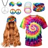 Partymall Ensemble de costume hippie,T-shirt,Perruque,Accessoires,Collier et boucles doreilles,Bracelet coloré,Bandeau hippi