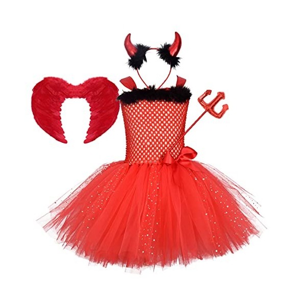 IWEMEK Bébé Enfants Filles Diable Déguisement Tricotée Tutu Robe + Corne Bandeau + Trident Accessoires Carnaval Halloween Cos