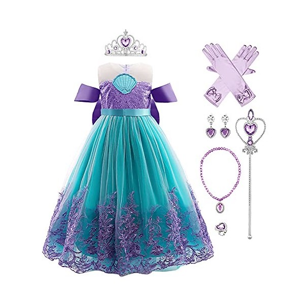 Deguisement Robe Princesse Ariel Costume de Sirène pour Enfant Fille, Robe Ariel la petite sirene avec Accessoires, Enfants C